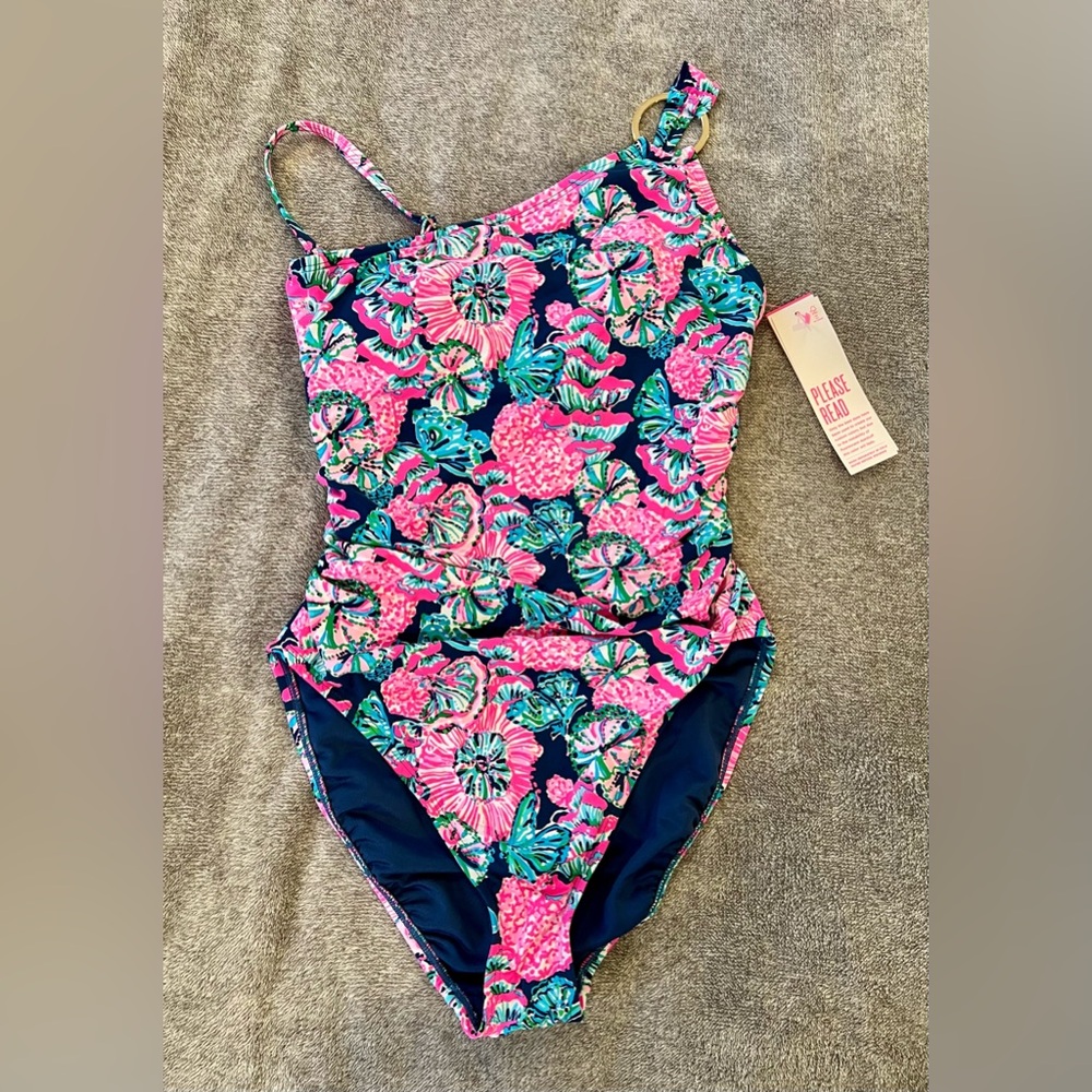 NWT Lilly Pulitzer Leola One Piece in Oyster Bay Navy Shroom With A View.